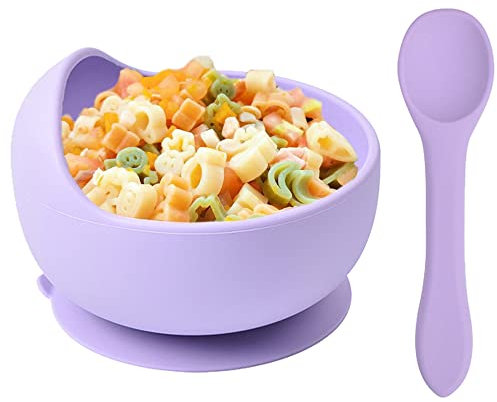 Delven Baby Bowls Spoons for Feeding,Silicone Toddler Weaning Bowls Set Purple with Suction BPA Free Non Slip Easy to Clean Cutlery Tableware Set for Children Infant Girls,Microwavable Dishwasher Safe