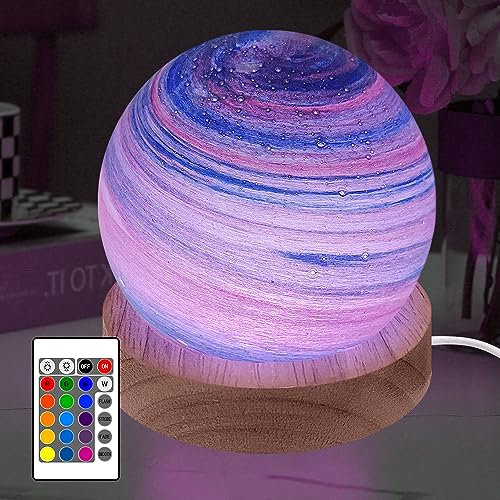 HONPHIER Planeten Lampe Glaskugel Nachtlicht 16 Farben RGB Dimmbar Stimmungslicht USB Astronomische Licht mit Fernbedienung, Holzsockel, Dekoration für Heim, Familie Freund Geschenke, 8 CM