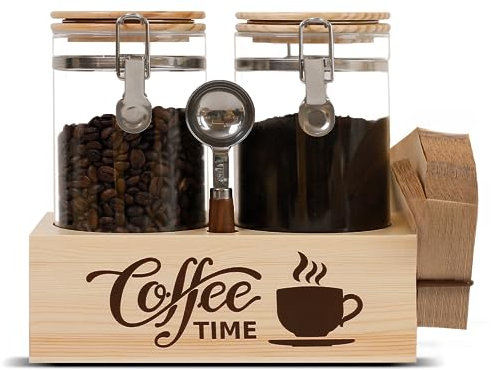 EQEY Lot de 2 boîtes à café en verre avec étagère et cuillère pour rangement de grains de café moulu, joint hermétique, accessoires de bar à café, support de filtre à café pour organisation de la