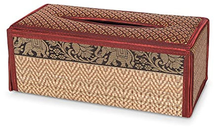 Kitama Kosmetiktücherbox Taschentuchbox aus natürlichem Bast mit Elefantenmuster - Tuchspender Tissuebox für Taschentücher Kosmetiktücher - Made in Thailand (Rot/Gold)