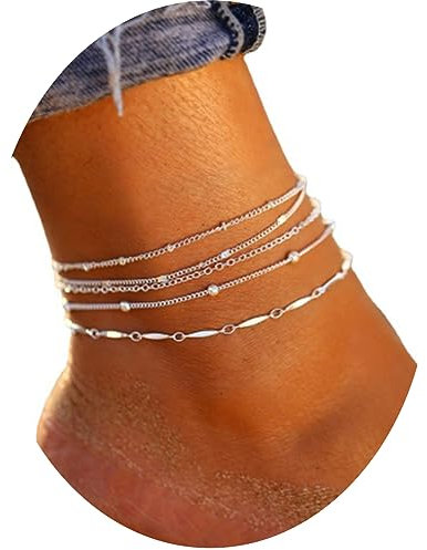 LYQNIHOB Lot de 5 Bracelets de Cheville Boho en Perles, Chaîne Multicouche en Argent, Accessoires de Plage Réglables, Bijoux de Pied pour Femmes et Filles