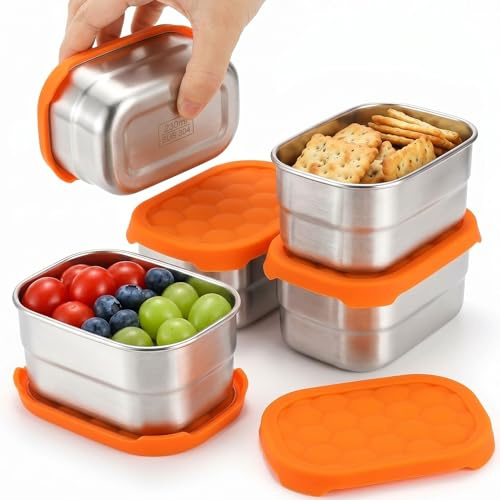 Goaste 4 Pack Stainless Steel Containers, 230 ml Small Snack Container with Silicon Lids, Leakproof Sauce Dip Containers, Kids Lunch Box Food Container for School, Picnics, Camping Trips, Rectangle