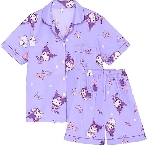 WANHONGYUE Kawaii Kuromi Pigiama Donna Ragazza Corto Estivo Due Pezzi Maglietta Manica Corta e Pantaloncini Set di Pigiama Camicie da Notte Abbigliamento per La Casa Viola L