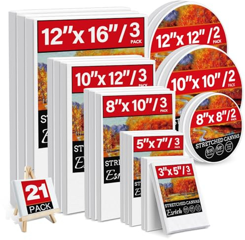 21 Packungen gespannte Leinwände zum Malen, verschiedene Größen 30,5 x 40,6 cm, 20,3 x 25,4 cm, 12 x 17,8 cm, runde Leinwand mit 20,3 x 20,3 x 25,4 cm, grundierte, leere Leinwand für Öl, Acrylfarbe,