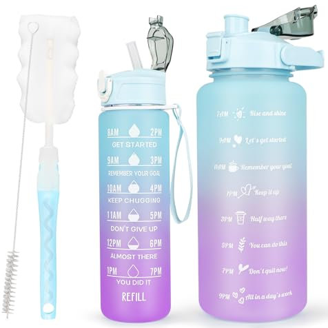 CodiCile 2 Pack Water Bottle Set - 2 Liters & 750ml With Straw, BPA Free, Motivational Canteen With Time Marking, Leakproof Large Sport Drink Bottle for Women Men