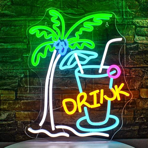 SIGNSHIP Palm Tree neon sign drink neon sign Beer Bar Neon Sign Wall LED neon sign Home Bar trolley Summer Beach Restaurant Man cave Beer café Bistro Club Party decor cadeau
