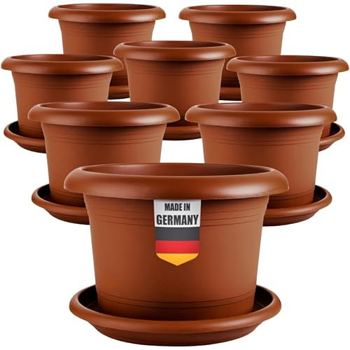 2friends Lot de 8 pots de fleurs élégants de 40 cm de diamètre - Grand pot de fleurs en terre cuite, avec soucoupe, robustes et résistants au gel, en plastique, pour jardin, balcon, terrasse
