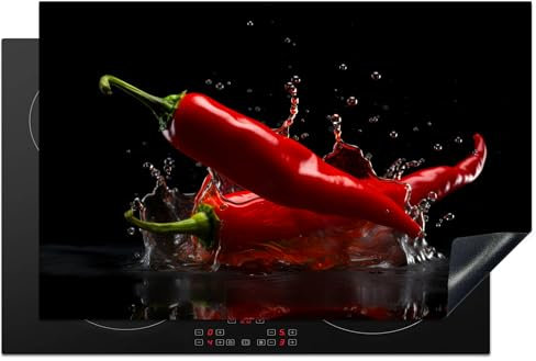 KitchenYeah© Herdabdeckplatte Einteilig Ceranfeld Abdeckplatte Küche Deko Ceranfeldabdeckung Herdabdeckung Induktionsmatte Paprika - Rot - Schwarz - Wasser - Gemüse - 80x52 cm