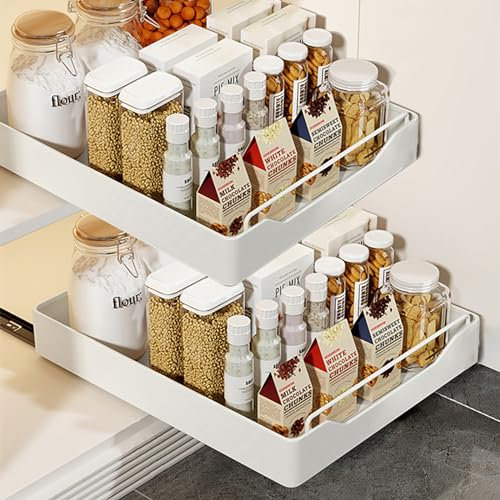 Herfair Teleskopschublade 2 Stück Küchenschrank Organizer mit Griff Ausziehbarer Schrank Organizer Kohlenstoffstahl Küchenschubladen Ohne Bohren Multifunktional Schublade (35 x 43 x 7 cm)
