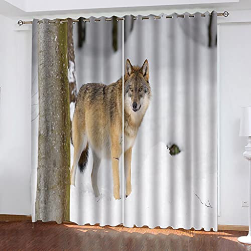 Gardinen Blickdicht Ösen Kinder 3D Tierwolf Im Schnee Muster 2Er Set Isolierung Schattierung Kinder Schlafzimmer Gardine Wärmeisolierender Ösens Vorhang Fenster Dekoration