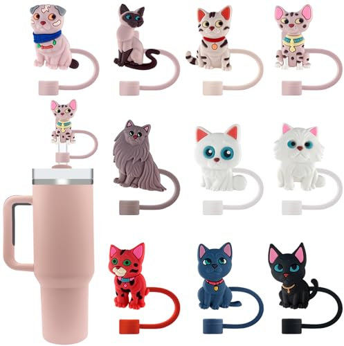 Velaco 10Pcs 0.4in/10mm Diameter Silicone Straw Covers Cap Compatible with Stanley 20 30&40 Oz Cup, Cute Cat Straw Toppers for Stanley 40 Oz Tumbler with Handle, Dust-Proof Straw Caps for Water Bottle