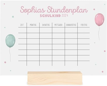 Stundenplan mit individuellem Motiv & Namen, abwischbar, Geschenk zur Einschulung - optionaler Holzaufsteller, DIN A4 mit Stift (Rosa Ballon transparent)