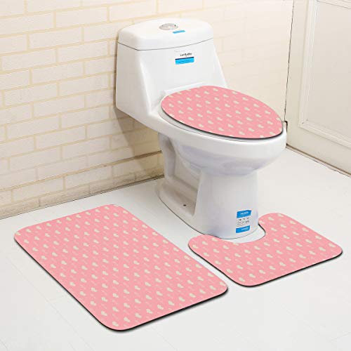 Bad Teppiche Set 3-Teiliges Rosa Herz WC Vorleger Mit Ausschnitt Badematte Saugfähig WC Deckelbezug Badvorleger rutschfest Waschbar Toilettensitzbezug Badgarnitur (50x80cm)