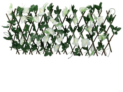 Treillis de jardin avec fleurs en soie, clôture en bois rétractable, brise-vue pour créer une ambiance chaleureuse (blanc)