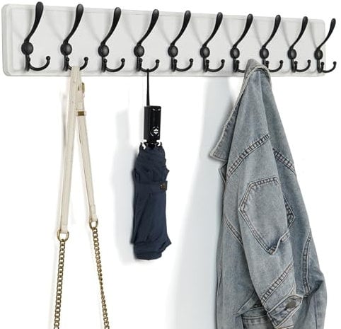 QILICZ Porte-manteau mural en bois vintage stable avec 10 crochets triples pour vêtements, manteaux, chapeaux, vestes, sacs à dos, crochets muraux pour buanderie, chambre à coucher, cuisine