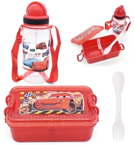 Lightniing Mccqueen Lunch Box Set, Heroes Bento Lunch Box Water Bottle Meal Container Cartoon Multicompartment Lunch Box Reusable Bento Box Leak Proof Lunch Box and Bottle Cutlery Set for School