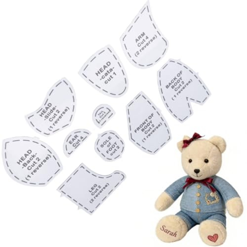 Tissting Teddybär-Schnittmuster, Memory Bear Schnittmuster Vorlage Set | 10 Stück Wiederverwendbar Acryl Quilt Bear Schablonen Memory Bear Muster Quiltlineale Vorlagen für Zuhause (10 Zoll)