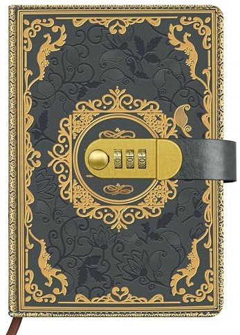 Qefuna Tagebuch mit Schloss, A5 PU Leder mit geprägter Folie gestempelt Retro Floral Diary mit Kombination 200 Seiten, 100Gsm Papier, Vintage Reading Journal Tagebuch Für Erwachsene(Grau)