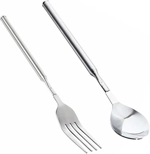 BRIOTA 2 Pcs Extendable Fork and Spoon, Telescopic Stainless Steel Long Handled Fork Extends to 25, Dessert Forks, Retractable Dinner Forks for Dessert, Fruit, BBQ