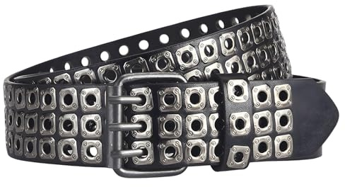 JAMAKALA 3 Row Studded Grommet Belt, Punk Rock PU Leather Belt for Men Women, Black Goth Rivet Belt, Gothic Belt Accessories for Jeans Pants