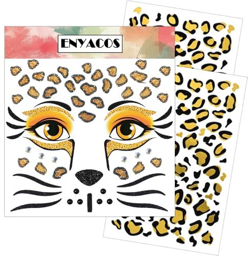 ZELAITE Face Art Sticker Leopard, Gesichtstattoo Karneval, Temporäres Leopard Glitter Gesichtstattoo für Motto Party, Halloween & Karneval, Kinder & Erwachsene (A)