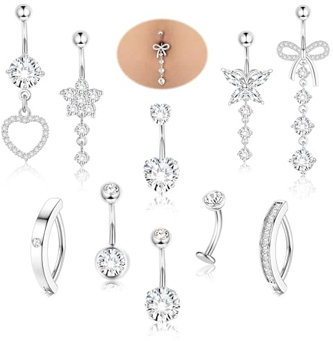 Diamday Bauchnabelpiercing Chirurgenstahl Bauchnabelpiercing Gold Silber | 10Stück Bauchnabelpiercing Ring, Zirkon Piercing Bauchnabel, 14G Herz Blume Bauchnabelpiercing, Belly Piercing, Nabel Barbell