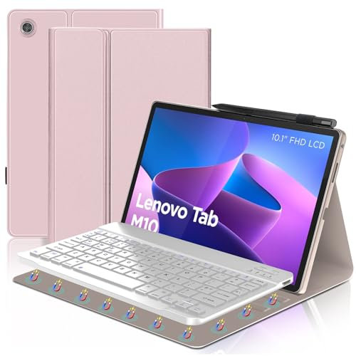 FOGARI Lenovo Tab M10 3rd Generation 10.1 inch Keyboard, UK Layout Bluetooth Detachable Keyboard with Smart Cover for Lenovo Tab M10 3rd Generation 2022,Pink