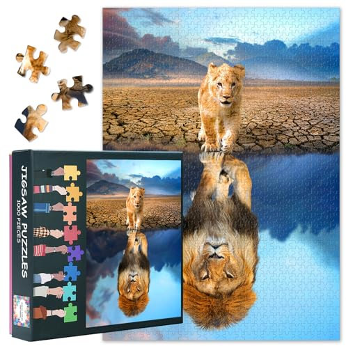 Jigsaw Puzzles for Adults - Lion Cub Looking the Reflection of an Adult Lion in the Water Challenging Puzzle, 1000 Piece Difficult Wooden Puzzle for Wall Decor & Relaxation 50x70cm