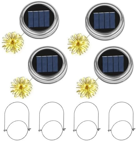 KBIBCK 4 Stück Solarleuchten Ersatzteile, Mason Jar Laterne Deckel, Solar Mason Jar Light, Solarlampen für Außen Hängend mit 30 LED-Lampen & Aufhängern, Einmachglas-Deckel-Licht für Garten Baum Balkon