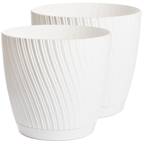 Home Garden Ornaments Plant Pots Indoor – Set of 2 with Drainage & Saucer Swing Indoor Plant Pot – Decorative Striped Flower Plastic Planter Design – 5 Colours & 6 Sizes (19cm / 7.5 inch, White)