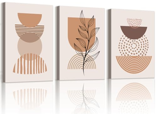 WENGTIAO 3 Stück Boho Abstrakt Geometrische Leinwand Bilder Kunstdrucke | Beige Braun Minimalistische Pflanzen Gerahmt Wandbilder für Modern Wanddeko Wohnzimmer Schlafzimmer 40x60cmx3