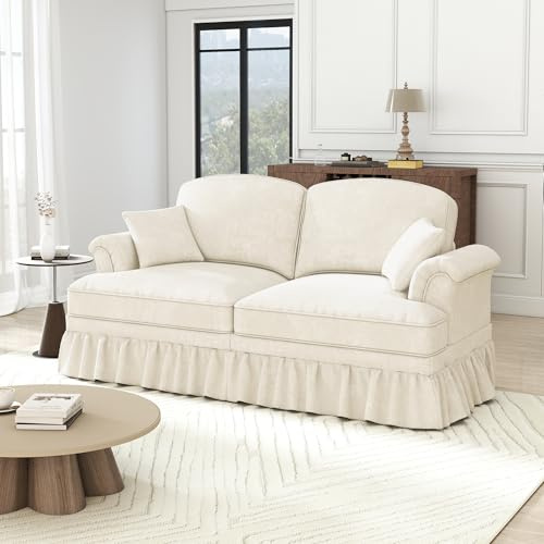 Ligterra Sofa 2 Sitzer, Sofa mit Schlaffunktion, Mittelalterlich Stil, mit Trichter-Armlehnen, Abnehmbarer Rüschenschürze & Spindelförmigen Beinen, Chennille-Stoff, 194×83.5×93cm (Weiß)