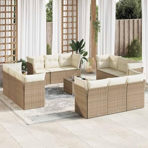 Ziaphsol 13-TLG. Garten-Sofagarnitur, Beige Poly Rattan, UV-beständig, Modulares Design, mit Kissen, Hartglas-Tischplatte, für Terrasse, Balkon, Außenbereich