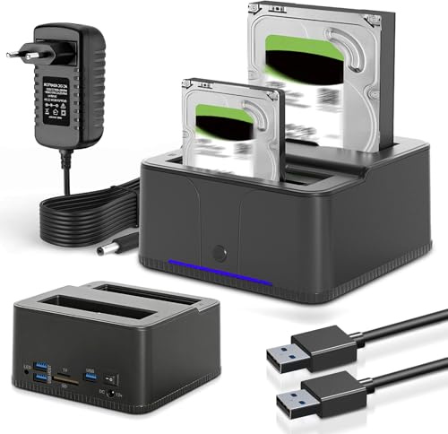 Gbformat Hard Disk Docking Station USB3.0 per HDD/SSD SATA da 2,5 e 3,5 pollici, Supporto UASP e Dischi Rigidi da 32TB con Lettore di Schede SD/TF, Doppio Alloggiamento, Supporto Clone Offline