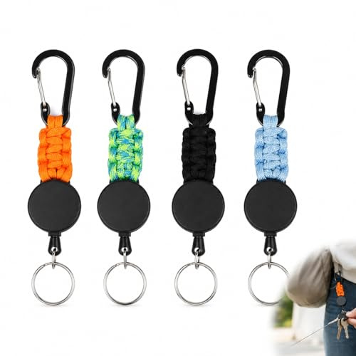 Lot de 4 Porte-clés Extensibles avec Mousqueton, Enrouleur Rétractable de 70 cm, Robuste et Résistant, Idéal pour Badges, Cartes d'Identité et Clés