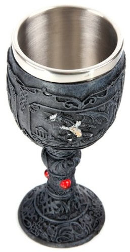 Kelch mit Drachen-design 2 Motive zur Auswahl, Trinkgefäß oder Dekoobjekt, mit Einsatz aus Edelstahl und Kunststein - Relief aus keltischen Ornamenten und Drachen-Motiven, 17 cm hoch, Farbe:3 Drachen