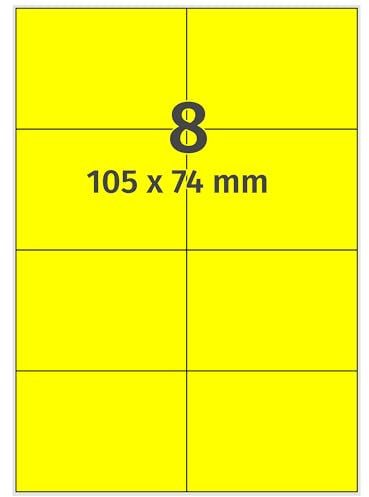 Farbige Etiketten auf A4 Bogen, neongelb - 105 x 74 mm - 800 Papier Aufkleber auf 100 Blatt, selbstklebende Laser-Etiketten fluorisierend leuchtfarbig