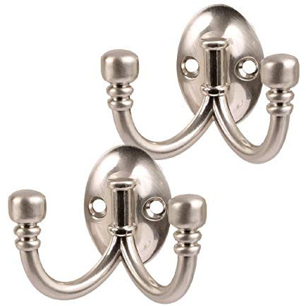 5 x Double Coat Hooks Satin Nickel Metal Ball End, Door Robe & Dress Hangers