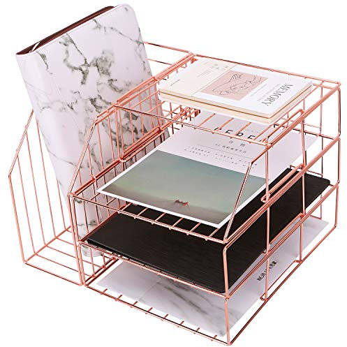 Simmer Stone Stackable File Tray, Wire Desk Paper Organizer for Mails, Documents, Folders and Books, 3-Tier Letter Sorter Tray Plus Display Shelf and Magazine Holder, Rose Gold
