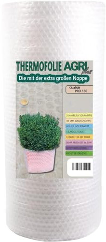 AGRI plus Isolier Luftpolsterfolie 1,5 x 50 m I Stabile Schutzfolie mit 30 mm Noppen I Pflanzenfolie für Überwinterung & Frostschutz I 150 My Noppenfolie UV-beständig & transparent