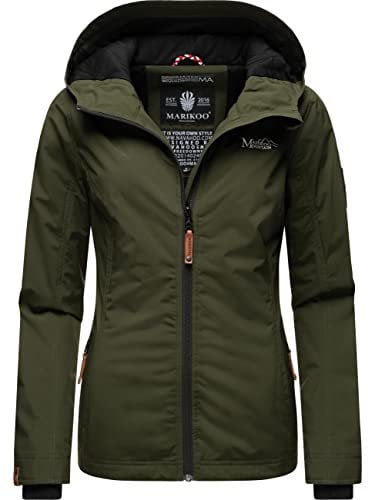 MARIKOO leicht gefütterte Damen Übergangsjacke kurz Outdoor-Jacke mit Jersey-Innenfutter und großer Kapuze Brombeere Olive Gr. XL