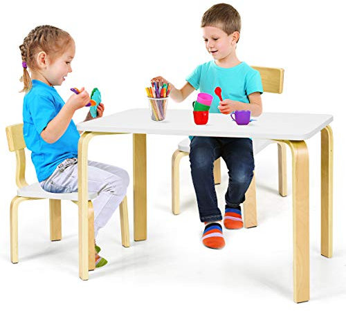 GIANTEX 3 TLG. Kindersitzgruppe, Holz Kindertisch mit 2 Stühlen, Kindermöbel Set zum Spielen Lernen Essen, Sitzgruppe für Vorschüler Kinder (weiß)
