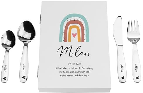 LAUBLUST Kinderbesteck mit Namensgravur - Regenbogen UV-Druck & Geschenkbox weiß | Besteck mit Namen - Geschenk zur Taufe für Kinder - Taufgeschenke für Jungen & Mädchen | Edelstahl - inkl. Holzkiste
