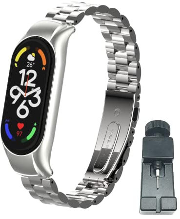 nuosiweilang Kompatibel Für Xiaomi Mi Band 7 Armband,Sport Edelstahl Metall Uhrenarmband Armband Ersatzarmband Für Mi Band 7 Männer und Frauen,Silber