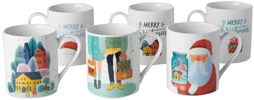 HOME Xmas Village Set 6 Mug in Porcellana, cc340, Tazze Colazione, Decoro Natalizio