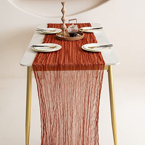 Tischläufer, (90 cm x 3 m), dekoratives Tischband, Hochwertige Premium-Gaze-Tischdecke mit Plissee, für eine rustikale, böhmische, Bauernhaus- oder Moderne Umgebung (Terrakotta)