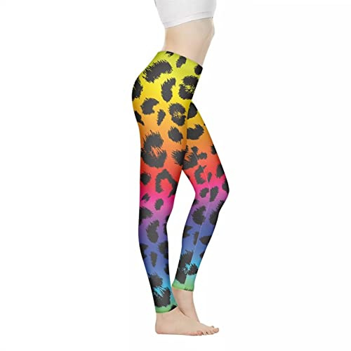 Biyejit Rainbow Leopard Print Women's Yoga Pants Butt Lift Tummy Control Leggings High Waisted Workout Leggings