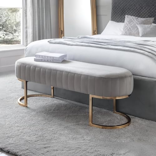 Julian Bowen Harrogate Dining Bench for 2, Velvet, Grey - H42 x W118cm | Upholstered Contemporary Kitchen Bench, Seats 2 People, Metallic Legs, Additional Seating for Guests
