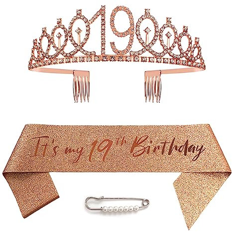 19. Geburtstag Schärpe Und Tiara, Krone 19 Roségold Kristall Geburtstagkrone Set,Rose Gold Geburtstagskrone Schärpe Deko Birthday Crown für Mädchen Frauen Birthday Party Accessoires