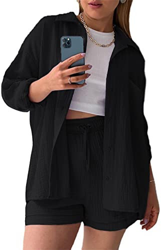 OEAK Damen Zweiteiler Outfit Sommer Freizeitanzug Einfarbig Revers Button Down Hemd und Shorts Set Casual Loungewear Hosenanzug Y2K Streetwear,Schwarz,M